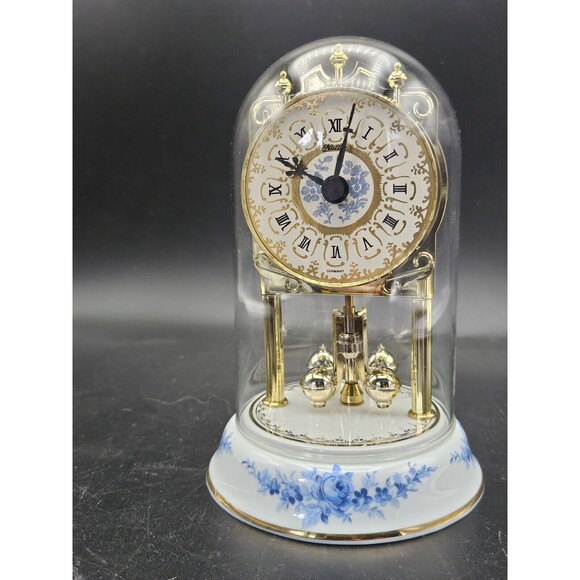 Vtg Reine Handarbeit Porcelain Kundo Clock Blue Flowers Glass Dome